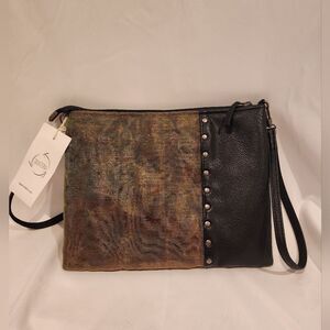 NWT SMATERIA Upcycled Silver Mesh Black Vegan Leather Gold Studded Crossbody Bag